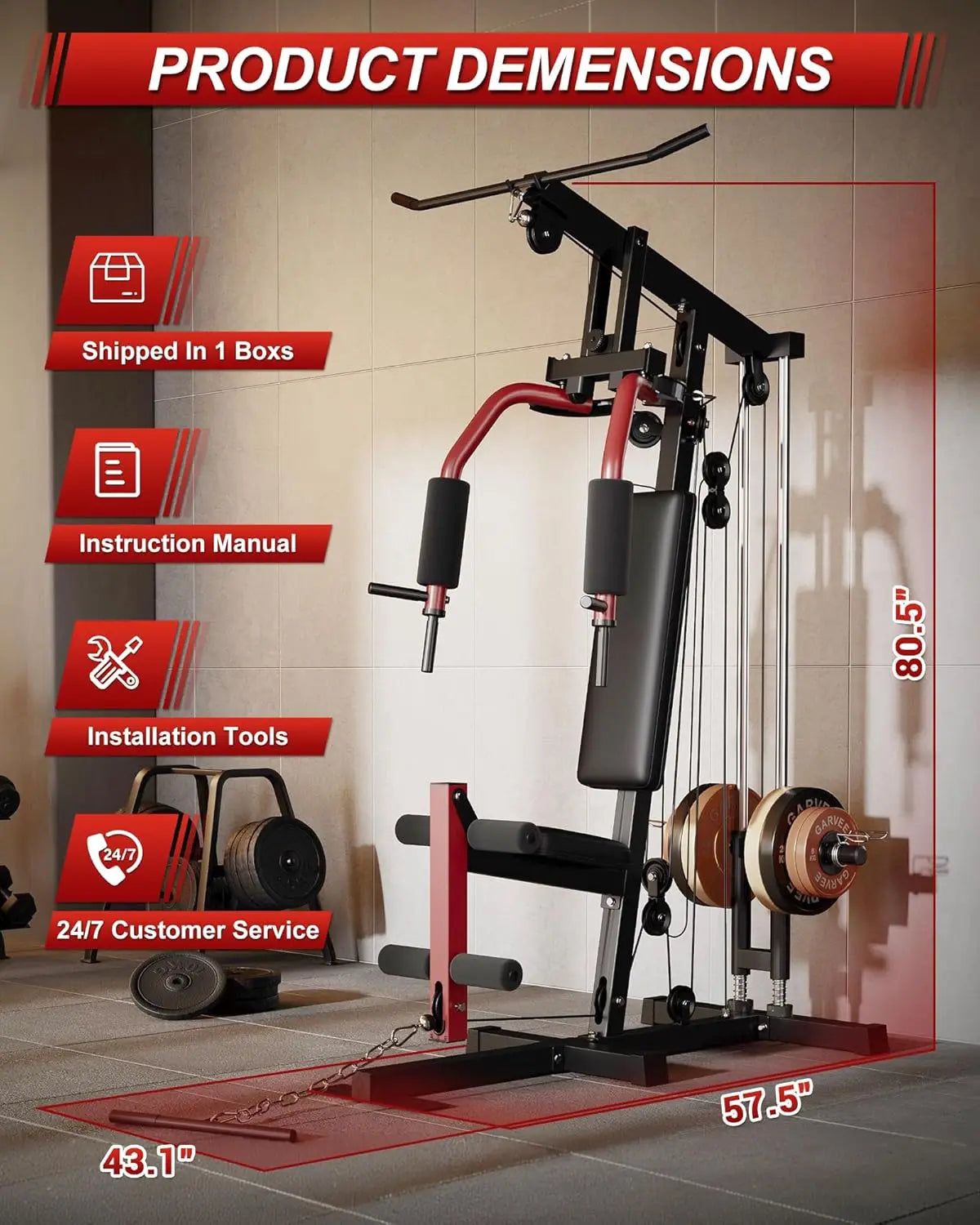 5-in-1 Home Gym Equipment, Full Body Workout Machine | LAT Pulldown Chest Press Leg Extension Seated Row, 300LBS Capacity Home Gym System for Strength Training, Fits 1" & 2" Weigh