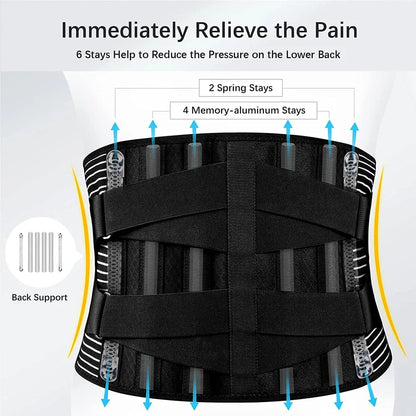 Lower Back Brace with 6 Stays Anti-skid Orthopedic Lumbar Support with Pad Breathable Waist Support Belt for Gym Pain Relief