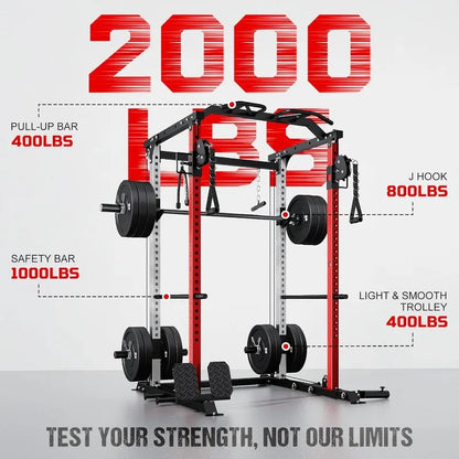 Full Cage Power Rack with Cable Crossover Dual Pulley System 2000LBS Squat Rack for Home Gym Full Body Training with