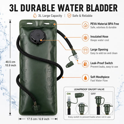 Tactical Hydration Backpack with 3L Water Bladder, Large Capacity Outdoor Hiking Pack for Camping, Cycling and Running