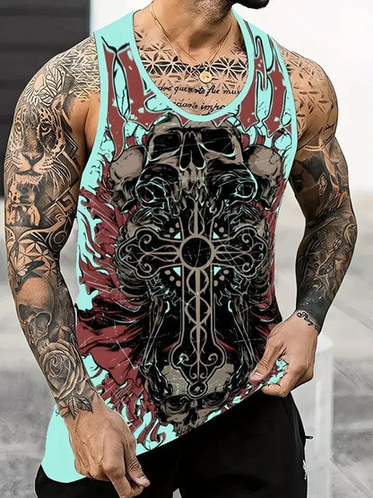 3D Skull Print Round Neck Summer Adult Men's Vest Clothing Basketball Sleeveless Outdoor Sports Gym Breathable Sleeveless Vest