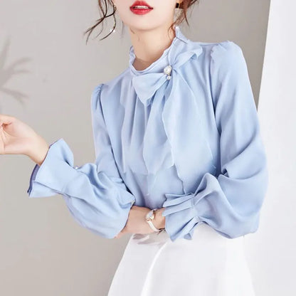 Women's Clothing Commute Stand Collar Bow Blouse Basic Solid Color Spring New Fashion Three-dimensional Decoration Ruffles Shirt