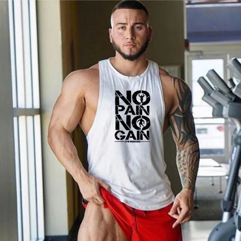 Muscle Summer No Pain No Gain Quick Dry Bodybuilding Stringer Tank Top Men Fitness Sleeveless Shirts Y Back Gym Running Clothing
