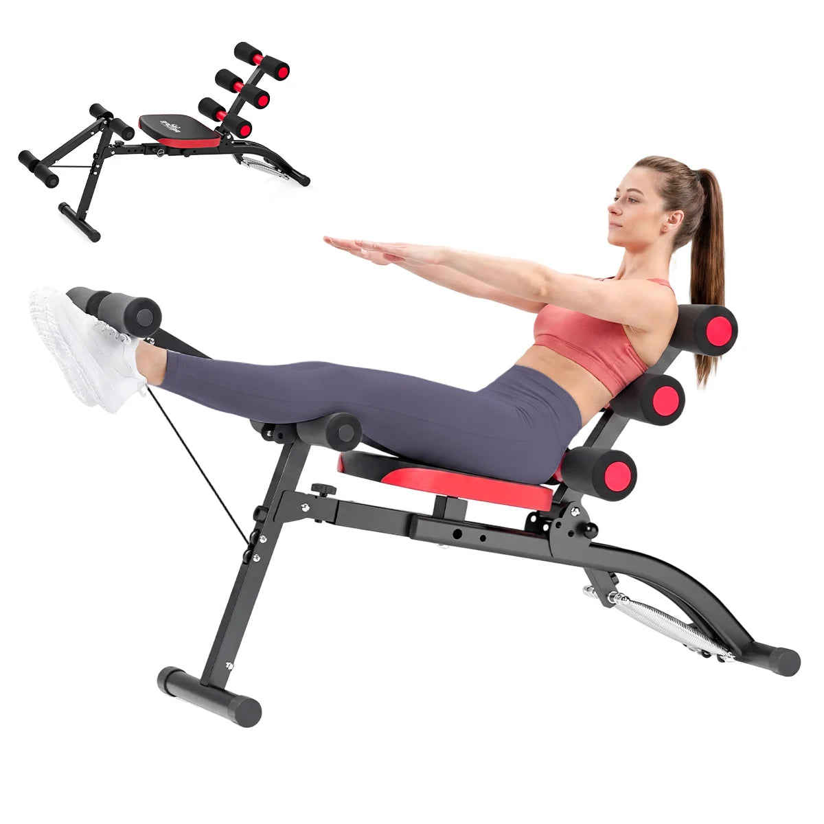 6 in1 4-Level Adjustable Ab Workout Bench, Foldable Core Trainer for Home Gym, 300LB Capacity Full Body Exercise Machine, Compact Multifunctional Abdominal Workout Equipment for Abs, Legs, Glutes