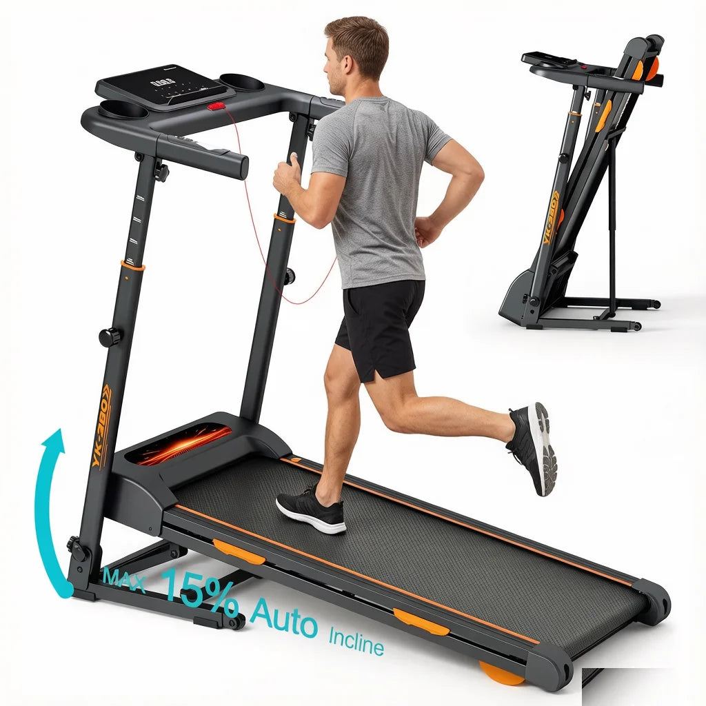 3-Level Adjustable Height Folding Treadmill,3.0HP Brushless Motor,Low Noise Below 45dB,15% Auto Incline,Quiet Shock Absorption Indoor Running Machine