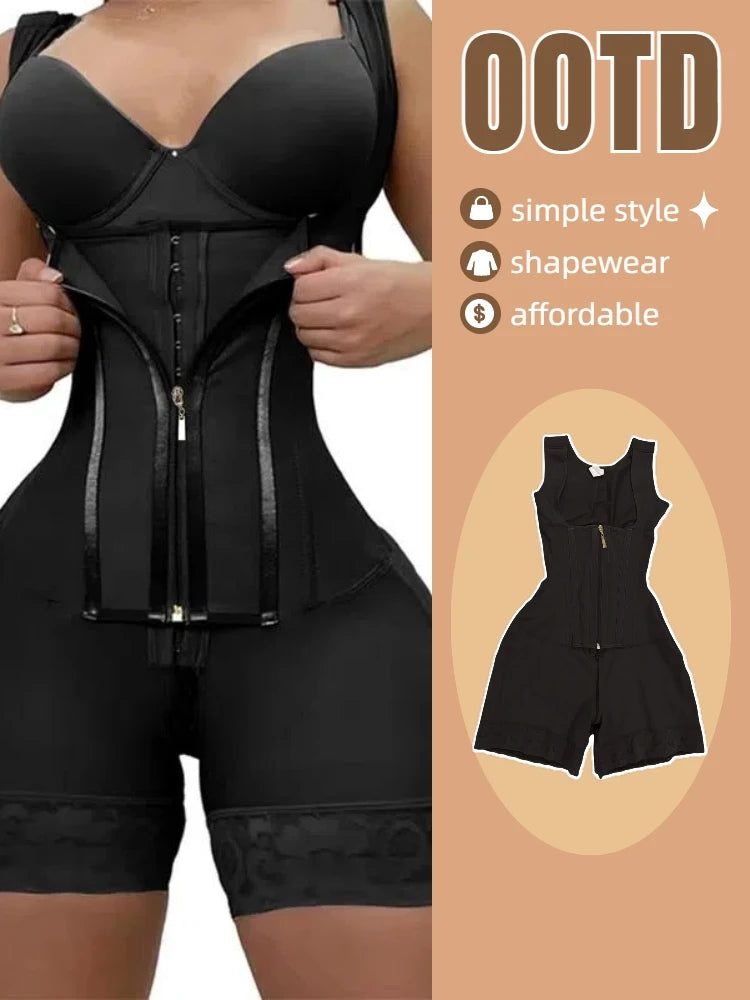 Women's Lace-Trimmed Shapewear Bodysuit - Tummy Control Corset with Adjustable Straps & Zipper, Black, Comfortable Waist Trainer