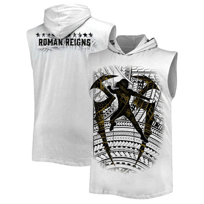Men's White Roman Reigns Tribal Logo Sleeveless Hoodie Quick Drying Breathable Sports Gym Tank Top Street Casual Hooded Tank
