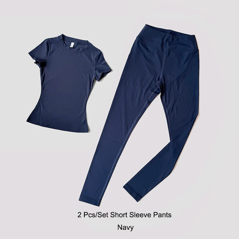 Yoga Set Women Sportswear Workout Clothes Athletic Wear Gym Legging Fitness Crop Top Short Sleeves Sports Suit