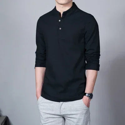 Men's Clothing  Men Spring Tops & Tees Male Fashion T-Shirts Stand Collar Long-sleeved Slim Base Shirt Homme Linen t-shirt