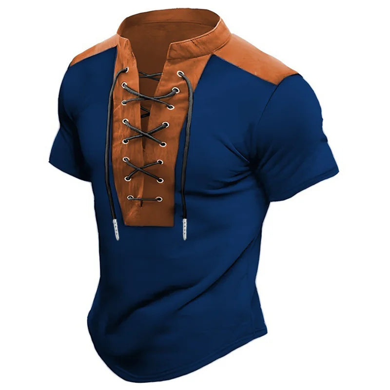 Men's retro-style drawstring short-sleeved T-shirt with color-blocked design, slim fit, fashionable polo shirt, unique style.
