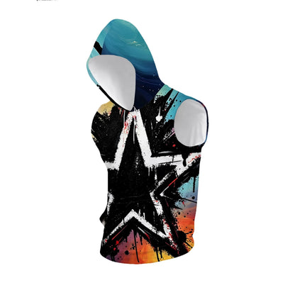 Men Distressed Splash Ink Star Sleeveless Hooded Tank Top Quick Dry Gym Muscle Vest Gradient Hood Street Fitness Sleeveless Tee