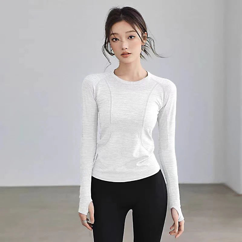 Yoga Clothes for Women, Sports Tops, Round Neck, Seamless, Slim, Running Shirt Fitness Workout Long Sleeves Gym T Shirt, Winter