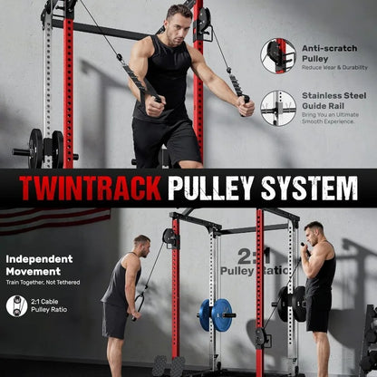 Full Cage Power Rack with Cable Crossover Dual Pulley System 2000LBS Squat Rack for Home Gym Full Body Training with