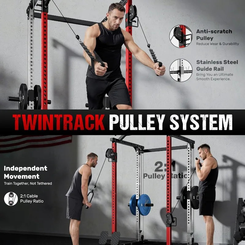 Full Cage Power Rack with Cable Crossover Dual Pulley System 2000LBS Squat Rack for Home Gym Full Body Training with