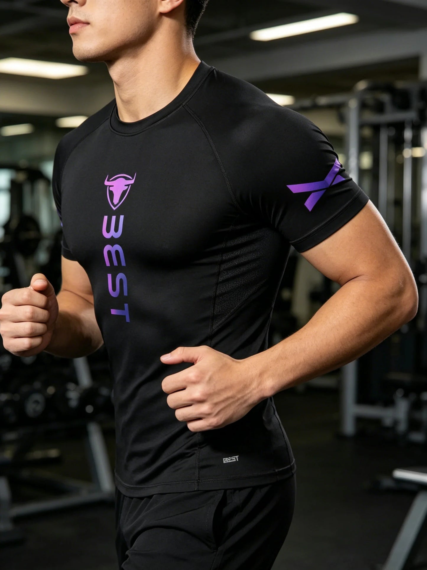 Men's Purple Gradient Compression Shirt, 4-Way High Stretch Quick Dry Tee, Moisture Wicking Slim Fit Top for Gym, Running, Fitne