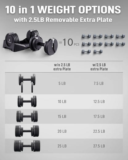 Pure Series Adjustable Dumbbell - 12.5/25/27.5/50/55/75lb - ONE UNIT OR PAIR(check QTY before purchase) - 5-in-1/, Custom