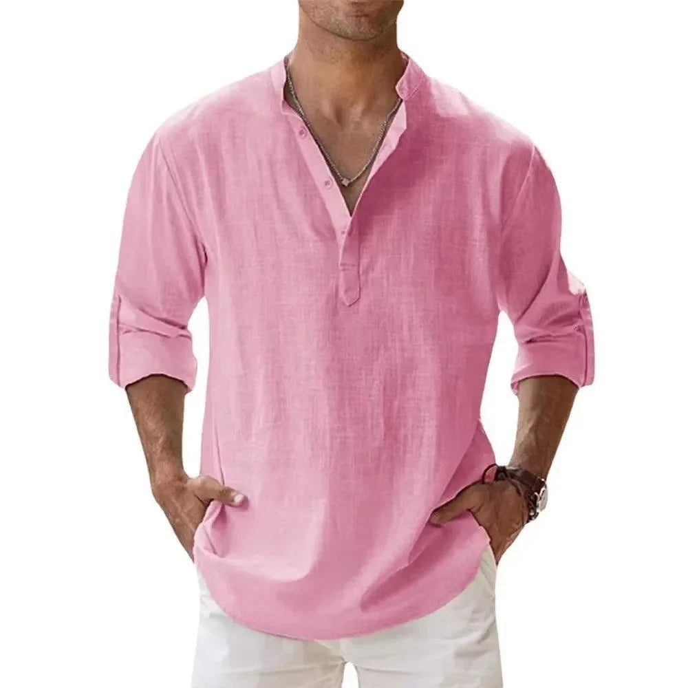 New Cotton Linen Shirts for Men Casual Shirts Lightweight Long Sleeve Henley Beach Shirts Hawaiian T Shirts for Men Streetwear
