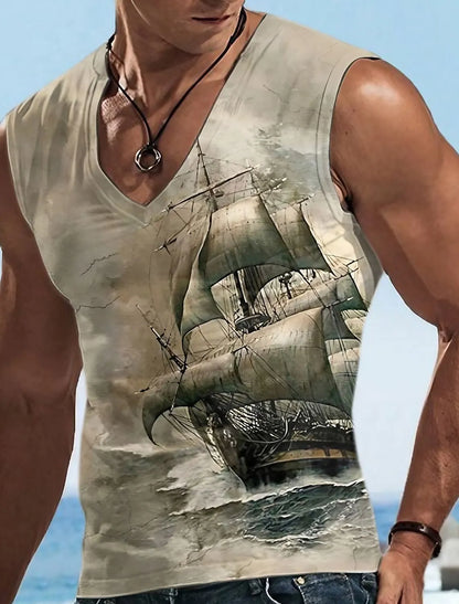 Sailor Suit 3D Ship Print T Shirt Men's Quick Dry Sleeveless Tank Top Oversized Fitness Sports Shirt Men's Design Clothing