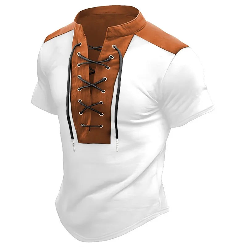 Men's retro-style drawstring short-sleeved T-shirt with color-blocked design, slim fit, fashionable polo shirt, unique style.