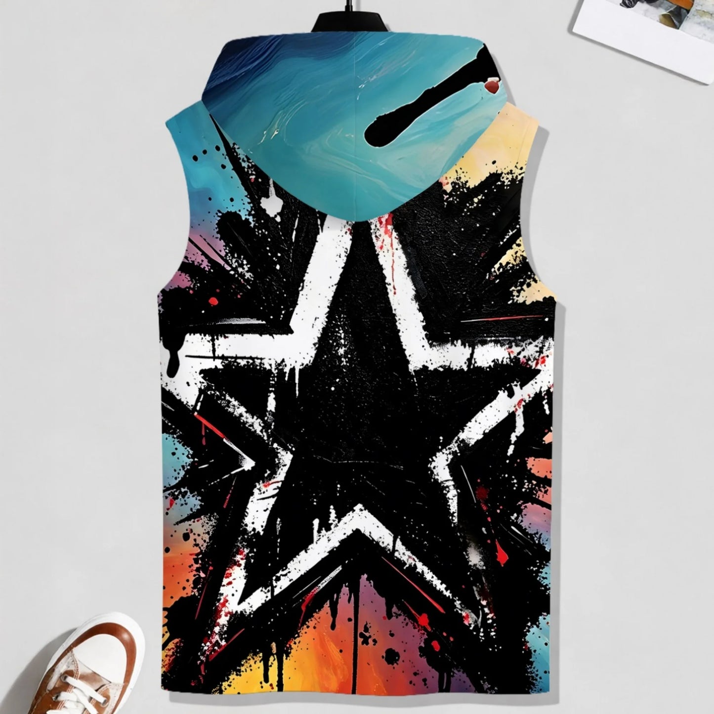 Men Distressed Splash Ink Star Sleeveless Hooded Tank Top Quick Dry Gym Muscle Vest Gradient Hood Street Fitness Sleeveless Tee