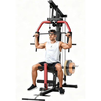 5-in-1 Home Gym Equipment, Full Body Workout Machine | LAT Pulldown Chest Press Leg Extension Seated Row, 300LBS Capacity Home Gym System for Strength Training, Fits 1" & 2" Weigh
