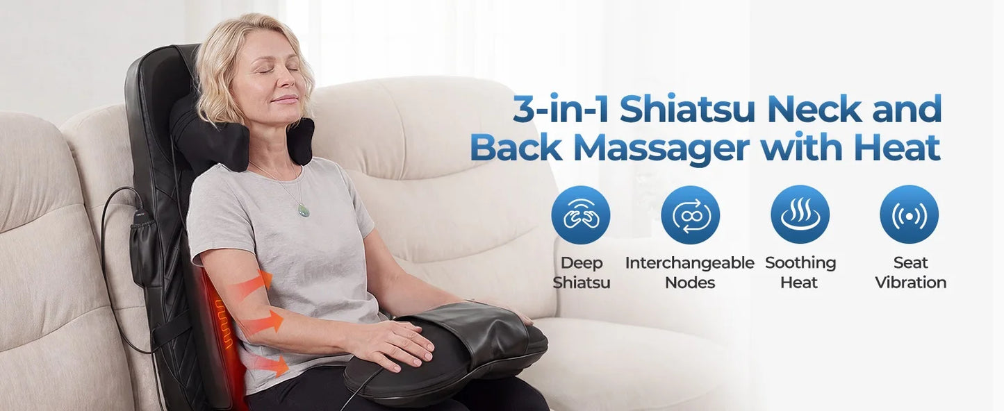 Portable Full Body Massage Chair Pad Shiatsu Kneading Seat with Heat And Compression for Neck Back Shoulder UL Adapter Included Shiatsu Neck Back Massager with Heat, Adjustable Massage Chair Pad Back Support Massage Seat Cush
