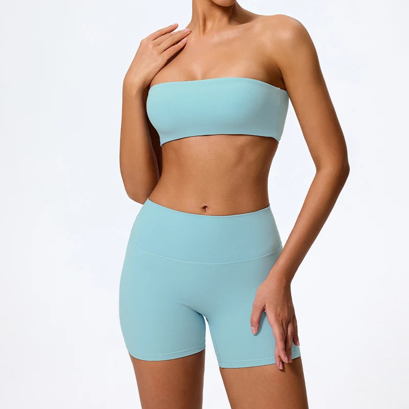 Summer Two Piece Fitness Sports Set Women Workout Yoga Outfit Strapless Bra Woman 2Ps Gym Crop Top Deportivos Mujer Gym Suits