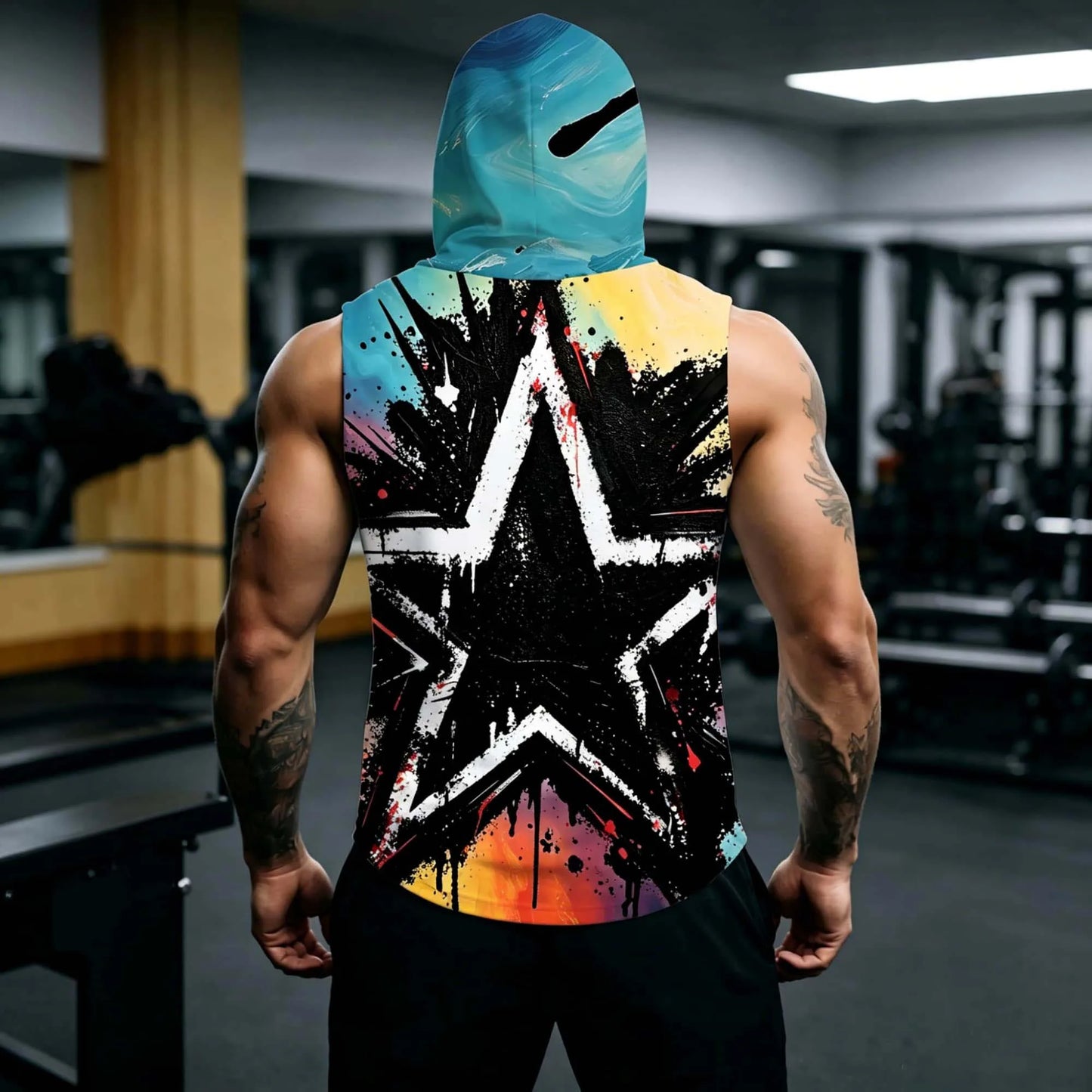 Men Distressed Splash Ink Star Sleeveless Hooded Tank Top Quick Dry Gym Muscle Vest Gradient Hood Street Fitness Sleeveless Tee
