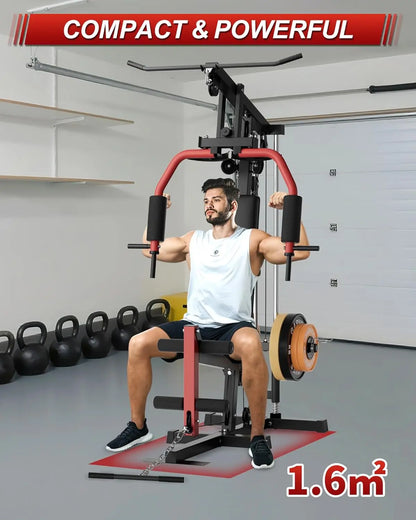 5-in-1 Home Gym Equipment, Full Body Workout Machine | LAT Pulldown Chest Press Leg Extension Seated Row, 300LBS Capacity Home Gym System for Strength Training, Fits 1" & 2" Weigh