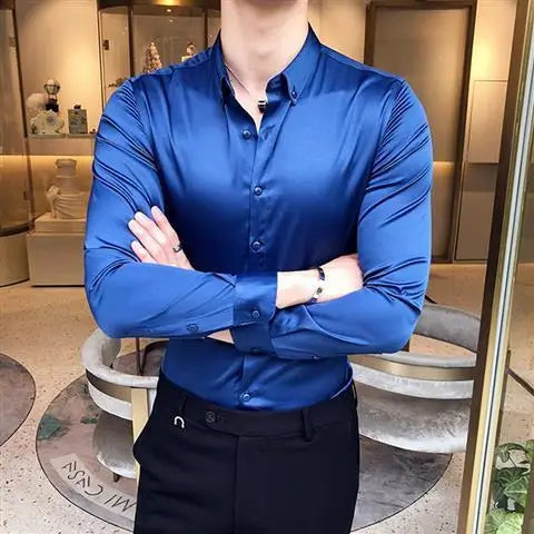 Plain Long Sleeve Shirts and Blouses for Men Business Silk Summer Button Man Tops Fashion 2025 Social High Quality Clothing S I