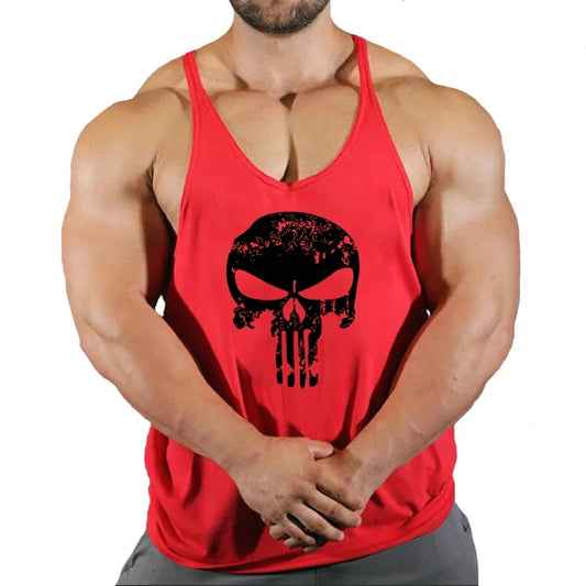 Mens Bodybuilding Faux Cotton Tank Top Gym Fitness Sports Sleeveless Top Skull Print Breathable Tank Top Mens Summer Tank Top