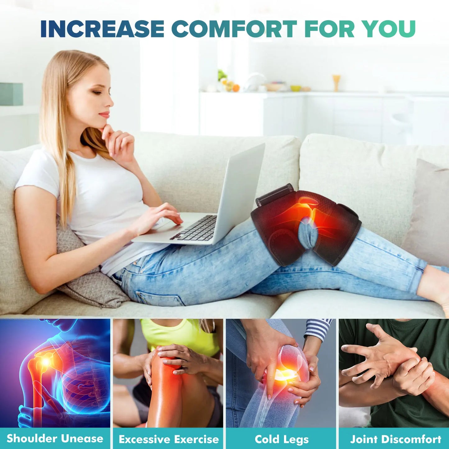 Cordless Knee Massager with Heat Vibration for Pain Relief, Electric Heated Knee Brace with 3 Heat Levels and 3 Massage Mode, 3 in 1 Shoulder Knee Elbow