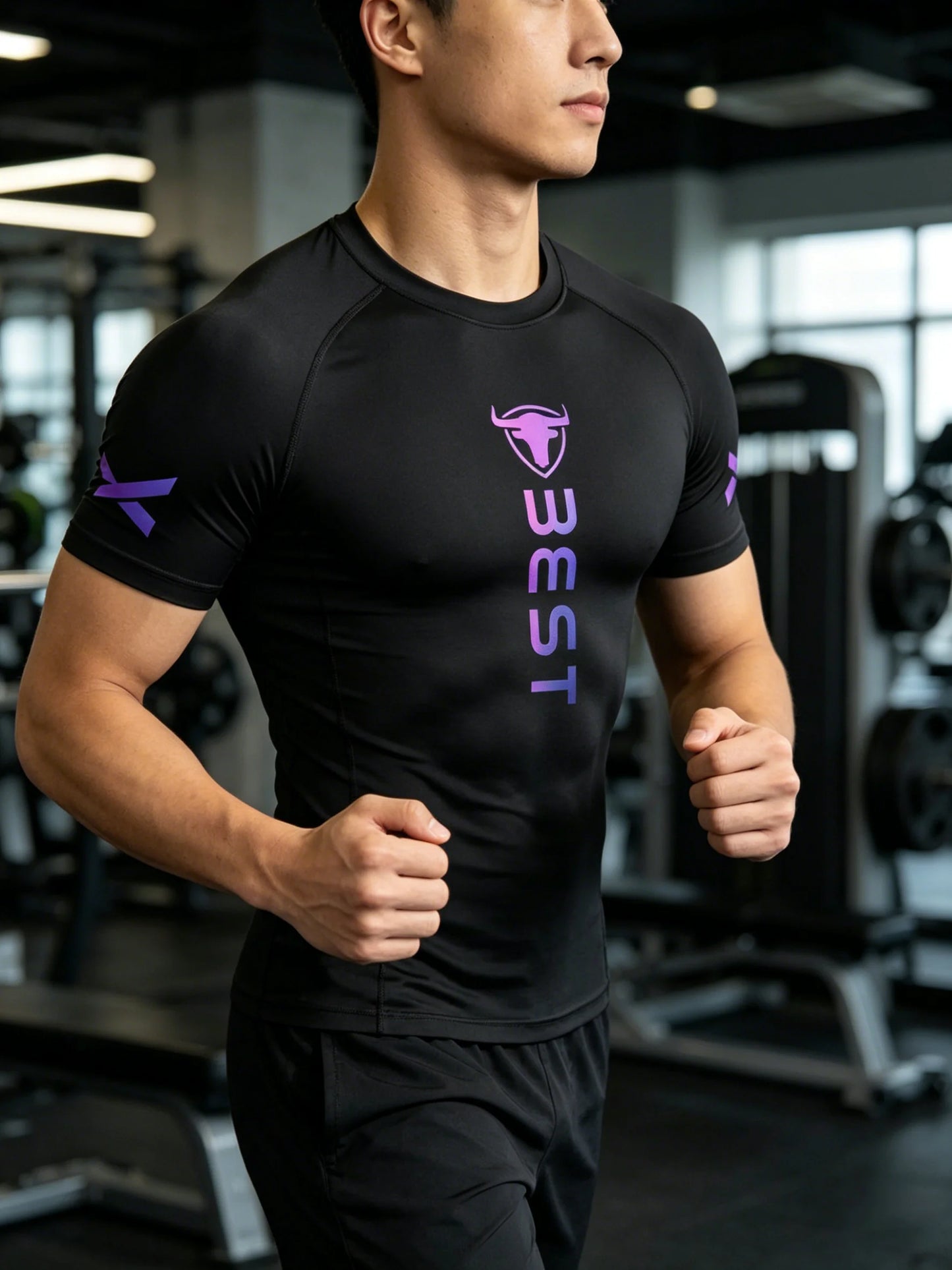 Men's Purple Gradient Compression Shirt, 4-Way High Stretch Quick Dry Tee, Moisture Wicking Slim Fit Top for Gym, Running, Fitne