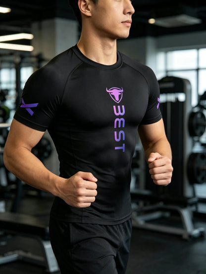 Men's Purple Gradient Compression Shirt, 4-Way High Stretch Quick Dry Tee, Moisture Wicking Slim Fit Top for Gym, Running, Fitne