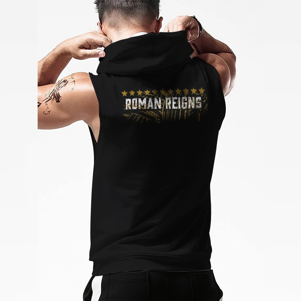 Men's Black Roman Reigns Tribal Logo Sleeveless Hoodie 3D Quick Dry Breathable Sports Gym Tank Top Street Casual Hooded Tank
