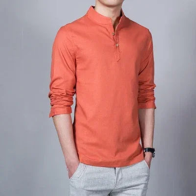 Men's Clothing  Men Spring Tops & Tees Male Fashion T-Shirts Stand Collar Long-sleeved Slim Base Shirt Homme Linen t-shirt