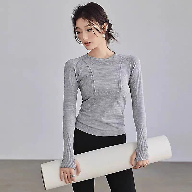 Yoga Clothes for Women, Sports Tops, Round Neck, Seamless, Slim, Running Shirt Fitness Workout Long Sleeves Gym T Shirt, Winter