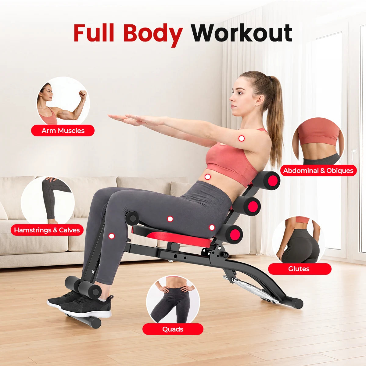 6 in1 4-Level Adjustable Ab Workout Bench, Foldable Core Trainer for Home Gym, 300LB Capacity Full Body Exercise Machine, Compact Multifunctional Abdominal Workout Equipment for Abs, Legs, Glutes