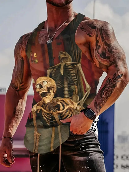 3D Skull Print Round Neck Summer Adult Men's Vest Clothing Basketball Sleeveless Outdoor Sports Gym Breathable Sleeveless Vest