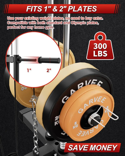 5-in-1 Home Gym Equipment, Full Body Workout Machine | LAT Pulldown Chest Press Leg Extension Seated Row, 300LBS Capacity Home Gym System for Strength Training, Fits 1" & 2" Weigh