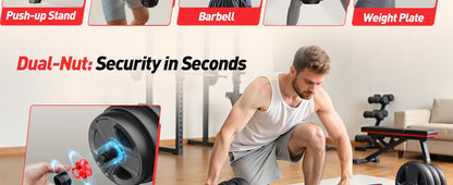 FITPLAM Adjustable 5 in 1 Free Weights Set, 20/35/45/70/90LB Dumbbell Set, Convertible to Barbell Kettlebell Push Up Stand