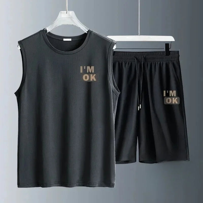 Men's Clothing Fashion Breathable Fitness Basketball Sports Quick Drying Suit Sleeveless T Shirt + Jogging Shorts Two-Piece Sets