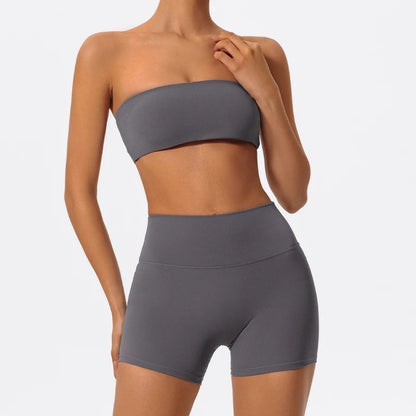 Summer Two Piece Fitness Sports Set Women Workout Yoga Outfit Strapless Bra Woman 2Ps Gym Crop Top Deportivos Mujer Gym Suits