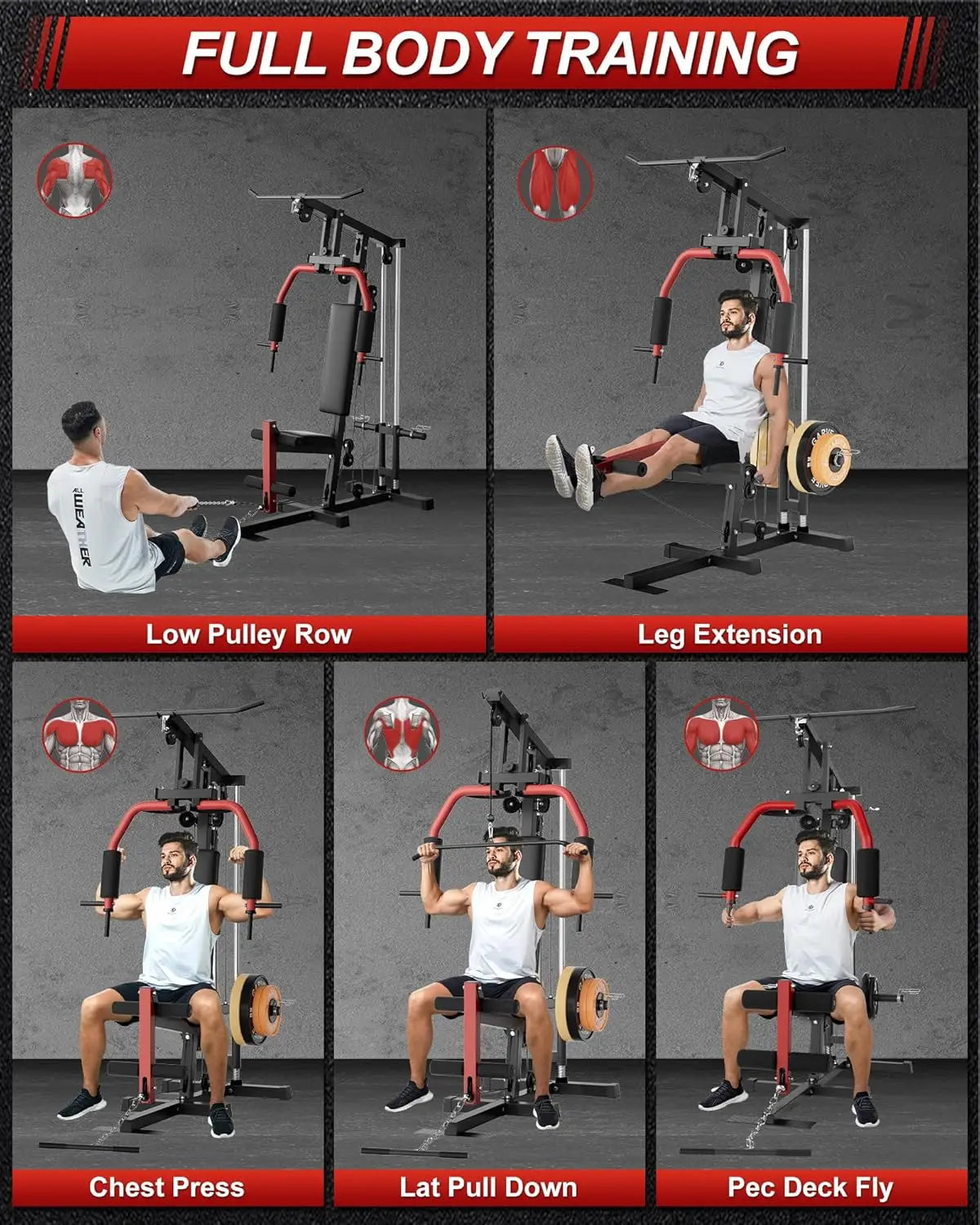 5-in-1 Home Gym Equipment, Full Body Workout Machine | LAT Pulldown Chest Press Leg Extension Seated Row, 300LBS Capacity Home Gym System for Strength Training, Fits 1" & 2" Weigh