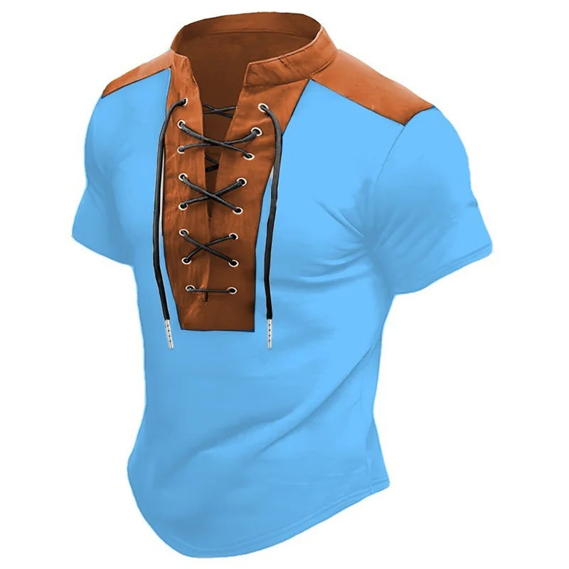 Men's retro-style drawstring short-sleeved T-shirt with color-blocked design, slim fit, fashionable polo shirt, unique style.