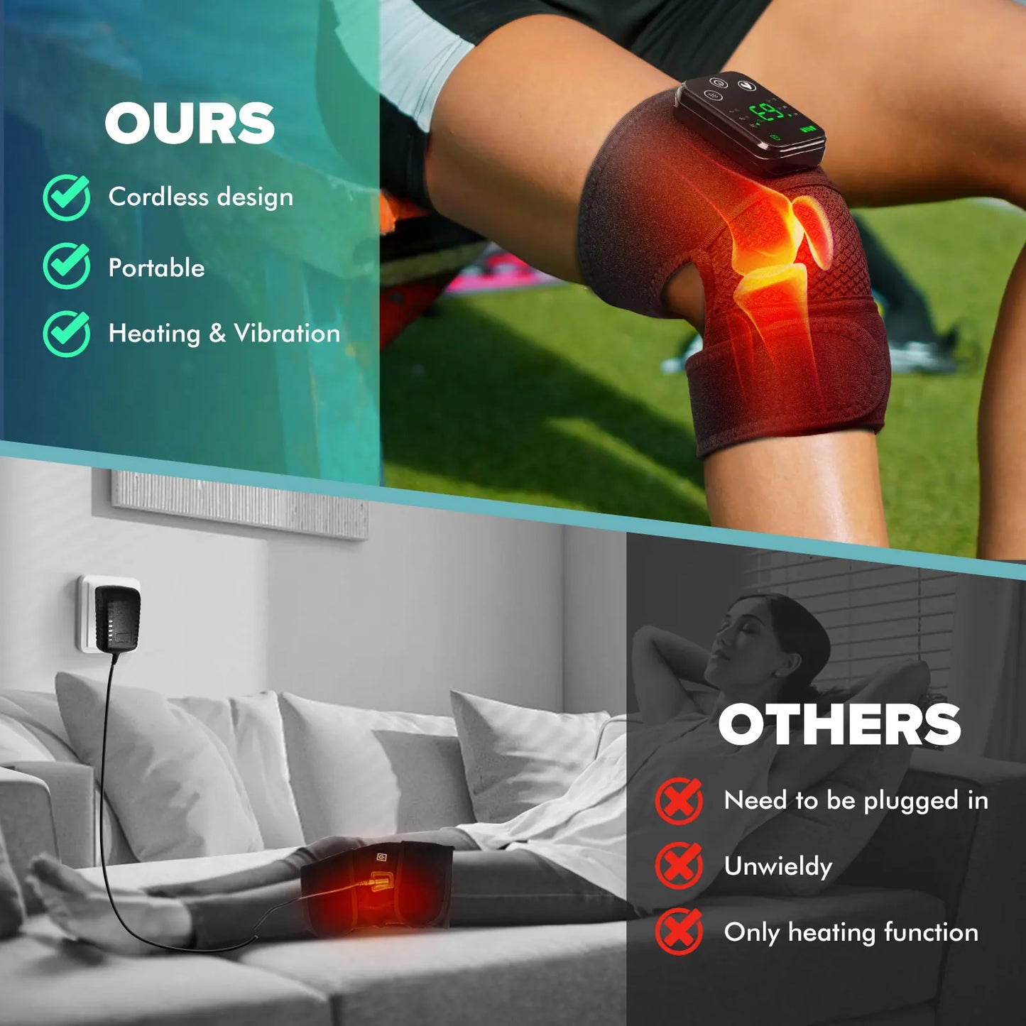Cordless Knee Massager with Heat Vibration for Pain Relief, Electric Heated Knee Brace with 3 Heat Levels and 3 Massage Mode, 3 in 1 Shoulder Knee Elbow