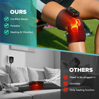 Cordless Knee Massager with Heat Vibration for Pain Relief, Electric Heated Knee Brace with 3 Heat Levels and 3 Massage Mode, 3 in 1 Shoulder Knee Elbow