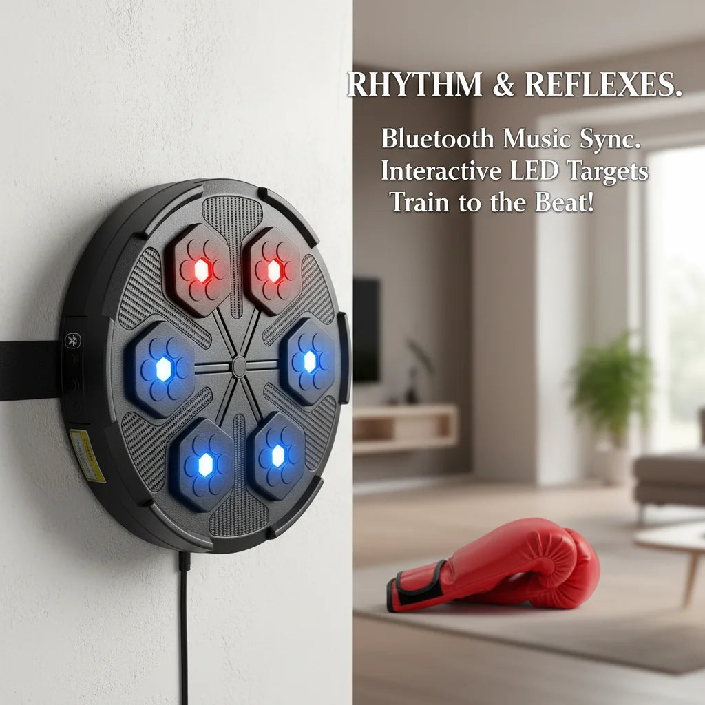 Smart Bluetooth Music Boxing Machine with Gloves, Wall Mounted Electronic Punching Target with LED Lights & Built-in Speaker, 2000mAh Rechargeable for Home Gym Training, Black