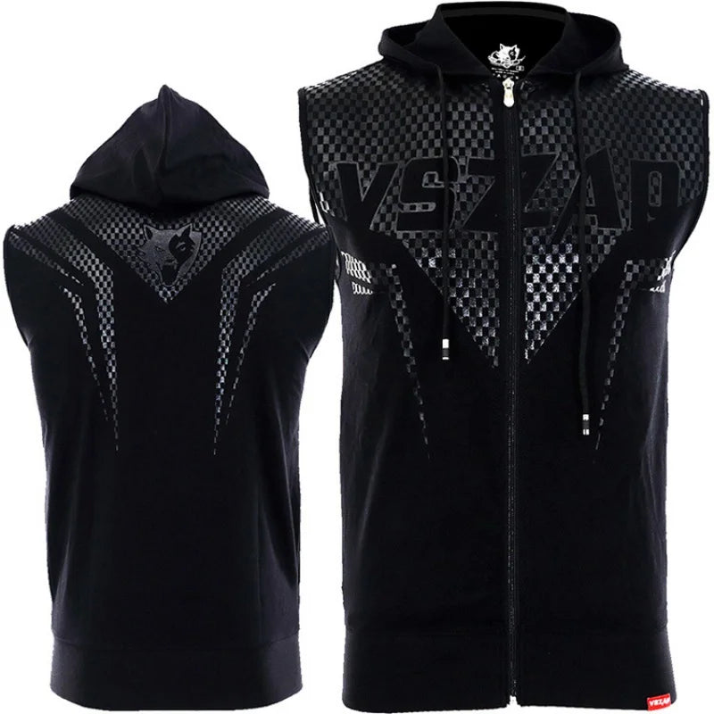 Vszap Summer Coat Sports Fitness Hooded Sleeveless Fighting MMA Slim-Fitting Cardigan Vest Blade Battle Suit