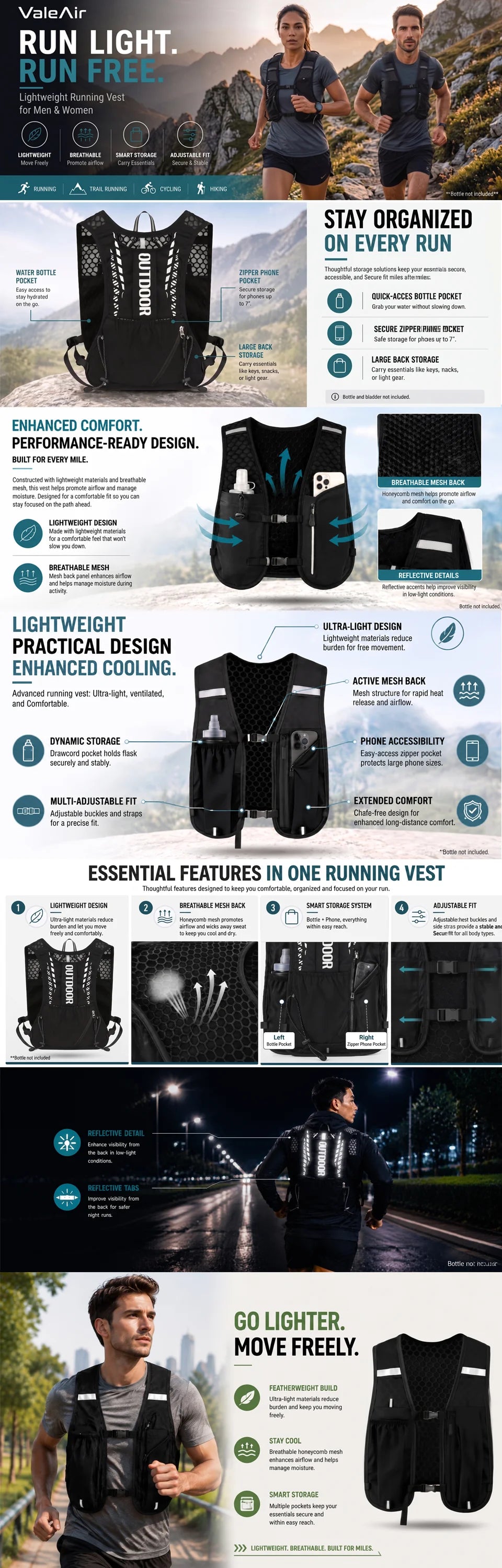 Lightweight Running Hydration Vest Reflective Trail Marathon Backpack with Bottle Pockets for Men Women Cycling Hiking